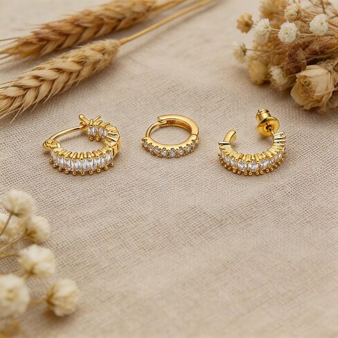 3Pcs Gold Huggie Earrings for Women Dainty CZ Stacks Earring Hypoallergenic Statement Small Hoops Earrings Trendy Non Tarnish Jewelry in Saudi Arabia