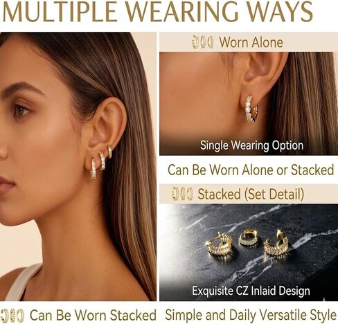 3Pcs Gold Huggie Earrings for Women Dainty CZ Stacks Earring Hypoallergenic Statement Small Hoops Earrings Trendy Non Tarnish Jewelry in Saudi Arabia