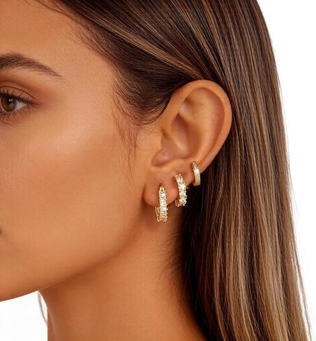 3Pcs Gold Huggie Earrings for Women Dainty CZ Stacks Earring Hypoallergenic Statement Small Hoops Earrings Trendy Non Tarnish Jewelry in Saudi Arabia