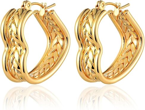 Gold Color Hoop Earrings for Women, Stainless Steel Wide Band Hoop Earrings with Twisted Rope Design, Womens Fashion Statement Dangle Earrings with Engraved Wheat Pattern in Kuwait