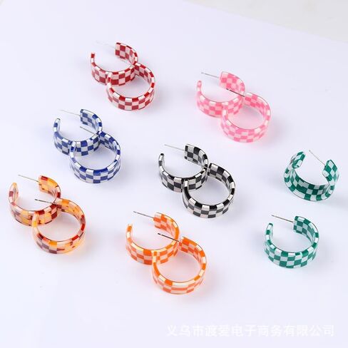 80s Retro Acrylic C Shaped Big Hoop Earrings Colorful Lightweight Geometric Plaid Earrings Chunky Exaggerated Statement Jewelry for Women in Saudi Arabia