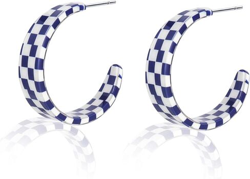 80s Retro Acrylic C Shaped Big Hoop Earrings Colorful Lightweight Geometric Plaid Earrings Chunky Exaggerated Statement Jewelry for Women in Saudi Arabia