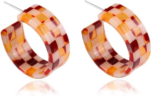 80s Retro Acrylic C Shaped Big Hoop Earrings Colorful Lightweight Geometric Plaid Earrings Chunky Exaggerated Statement Jewelry for Women in Saudi Arabia