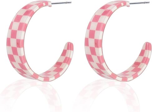 80s Retro Acrylic C Shaped Big Hoop Earrings Colorful Lightweight Geometric Plaid Earrings Chunky Exaggerated Statement Jewelry for Women in Saudi Arabia