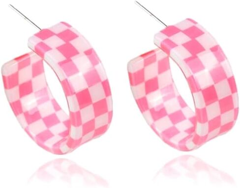 80s Retro Acrylic C Shaped Big Hoop Earrings Colorful Lightweight Geometric Plaid Earrings Chunky Exaggerated Statement Jewelry for Women in Saudi Arabia
