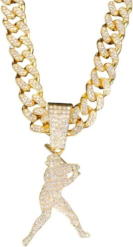 Men’s Hip Hop Rhinestone Baseball Athlete Pendant Necklace Rock Rapper Jewelry, Gothic Punk Rock Iced Out Gold Baseball Player Sports Cuban Link Chain for Men in Saudi Arabia