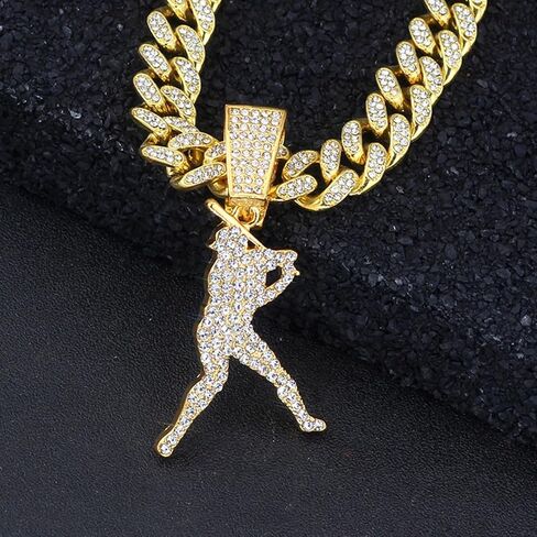 Men’s Hip Hop Rhinestone Baseball Athlete Pendant Necklace Rock Rapper Jewelry, Gothic Punk Rock Iced Out Gold Baseball Player Sports Cuban Link Chain for Men in Saudi Arabia