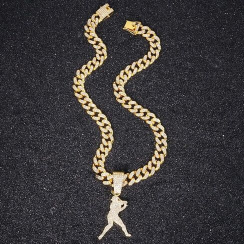 Men’s Hip Hop Rhinestone Baseball Athlete Pendant Necklace Rock Rapper Jewelry, Gothic Punk Rock Iced Out Gold Baseball Player Sports Cuban Link Chain for Men in Saudi Arabia