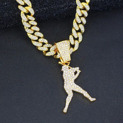 Men’s Hip Hop Rhinestone Baseball Athlete Pendant Necklace Rock Rapper Jewelry, Gothic Punk Rock Iced Out Gold Baseball Player Sports Cuban Link Chain for Men in Saudi Arabia