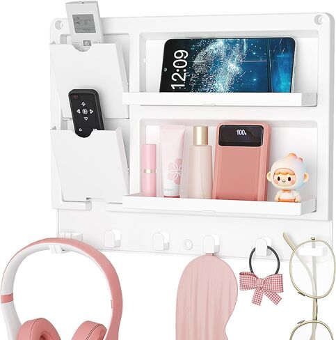 Lifewit Plastic Bedside Shelf, Adhesive Floating Shelves, Key Remote Control Holder, Wall Organizer for Glasses, Phone, Earbuds, Bedroom Decor, Dorm Room Essentials, White in Saudi Arabia