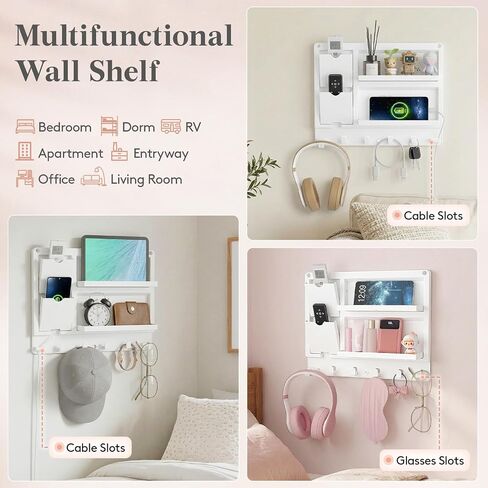 Lifewit Plastic Bedside Shelf, Adhesive Floating Shelves, Key Remote Control Holder, Wall Organizer for Glasses, Phone, Earbuds, Bedroom Decor, Dorm Room Essentials, White in Saudi Arabia