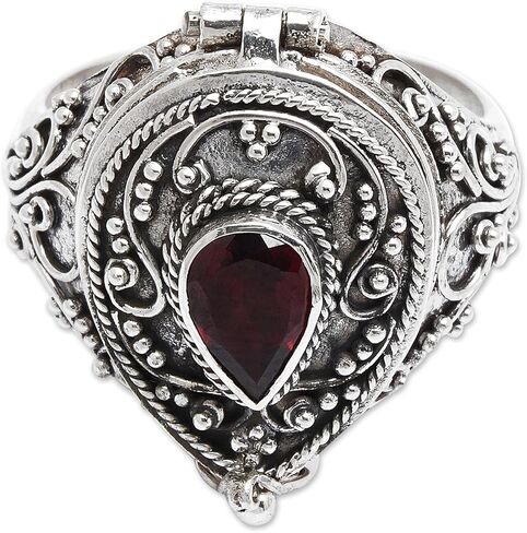 NOVICA Artisan Handcrafted Garnet Solitaire Locket Ring .925 Sterling Silver Red Single Stone Indonesia Birthstone Balinese Traditional 'Secret Love' in Kuwait