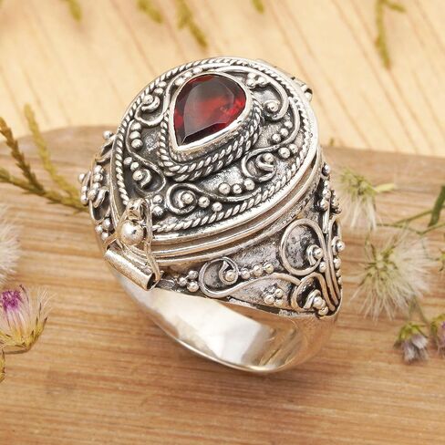 NOVICA Artisan Handcrafted Garnet Solitaire Locket Ring .925 Sterling Silver Red Single Stone Indonesia Birthstone Balinese Traditional 'Secret Love' in Kuwait