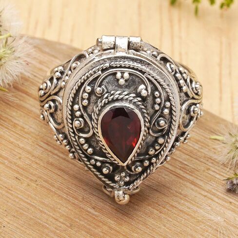 NOVICA Artisan Handcrafted Garnet Solitaire Locket Ring .925 Sterling Silver Red Single Stone Indonesia Birthstone Balinese Traditional 'Secret Love' in Kuwait