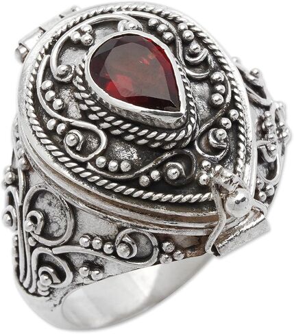NOVICA Artisan Handcrafted Garnet Solitaire Locket Ring .925 Sterling Silver Red Single Stone Indonesia Birthstone Balinese Traditional 'Secret Love' in Kuwait