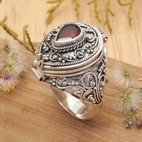 NOVICA Artisan Handcrafted Garnet Solitaire Locket Ring .925 Sterling Silver Red Single Stone Indonesia Birthstone Balinese Traditional 'Secret Love' in Kuwait