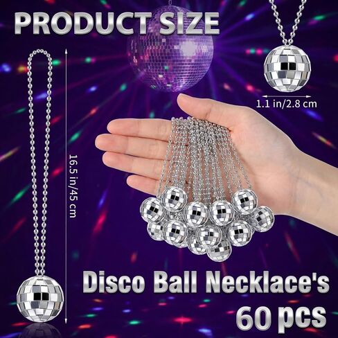 60 Pcs Mirror Disco Ball Necklaces Bulk, 1.1 Inch Silver Hanging Balls Ornaments for 70s Disco Party Favors, Dance Supplies, Festival Decorations and Costume Accessories in Saudi Arabia