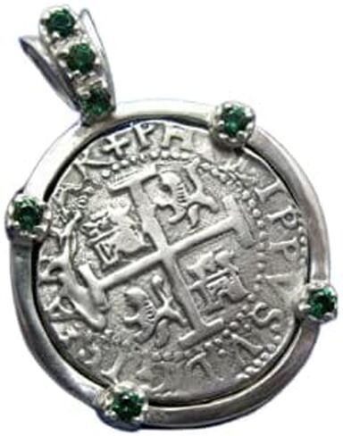 Nautical Sterling Silver Embellished Shipwreck "4 Reale" Pirate Treasure Coin Replica Pendant Necklace with Green Emerald Synthetic Gemstones in Saudi Arabia