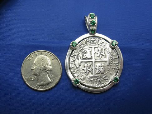 Nautical Sterling Silver Embellished Shipwreck "4 Reale" Pirate Treasure Coin Replica Pendant Necklace with Green Emerald Synthetic Gemstones in Saudi Arabia