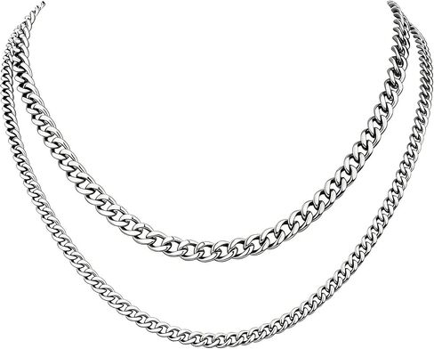 2PCS Cuban Link Chain Set for Men - Gold/Silver Plated Stainless Steel Layered Chain Necklace Non-Tarnish Jewelry Gift in Saudi Arabia