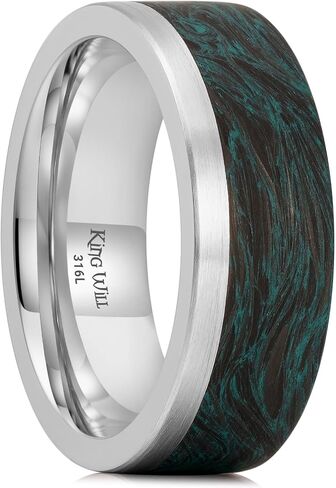 King Will 8mm Silver Stainless Steel & Carbon Fiber Rings, Men's Wedding Rings Flat Cut Wedding Band for Men Women Comfort Fit and Durable in Kuwait