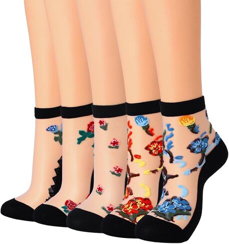 Urieo Women Sheer Socks Flower See Through Sock Lace Transparent Socks（5 Pairs） in Kuwait