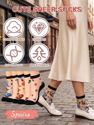 Urieo Women Sheer Socks Flower See Through Sock Lace Transparent Socks（5 Pairs） in Kuwait