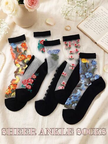 Urieo Women Sheer Socks Flower See Through Sock Lace Transparent Socks（5 Pairs） in Kuwait