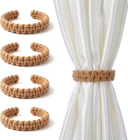 4 PCS Outdoor Curtain Ties, Natural Jute & Cotton Farmhouse Curtain Tiebacks with No-Drill Design (Brown, 9.4 X 0.8 Inches) in Saudi Arabia