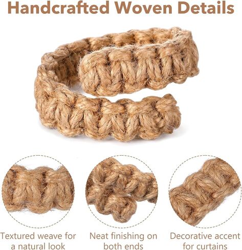 4 PCS Outdoor Curtain Ties, Natural Jute & Cotton Farmhouse Curtain Tiebacks with No-Drill Design (Brown, 9.4 X 0.8 Inches) in Saudi Arabia