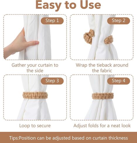 4 PCS Outdoor Curtain Ties, Natural Jute & Cotton Farmhouse Curtain Tiebacks with No-Drill Design (Brown, 9.4 X 0.8 Inches) in Saudi Arabia