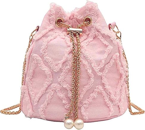 Jean Purses for Women, Denim Quilted Drawstring Crossbody Bags Bucket (Pink) in Saudi Arabia