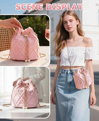 Jean Purses for Women, Denim Quilted Drawstring Crossbody Bags Bucket (Pink) in Saudi Arabia