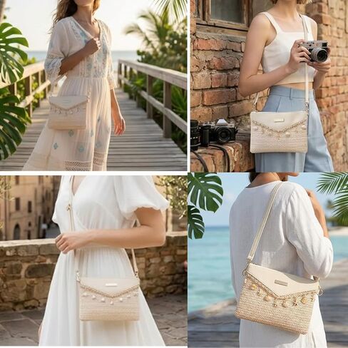 Women's summer beach crossbody bag, bohemian-style clutch with seashell charm and adjustable shoulder strap. in Kuwait