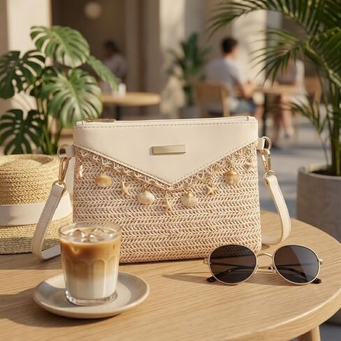 Women's summer beach crossbody bag, bohemian-style clutch with seashell charm and adjustable shoulder strap. in Kuwait