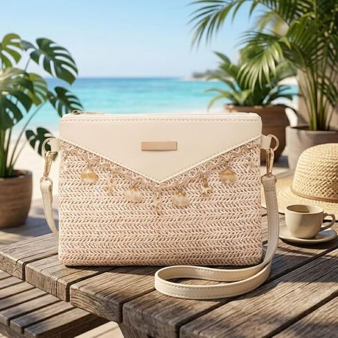 Women's summer beach crossbody bag, bohemian-style clutch with seashell charm and adjustable shoulder strap. in Kuwait