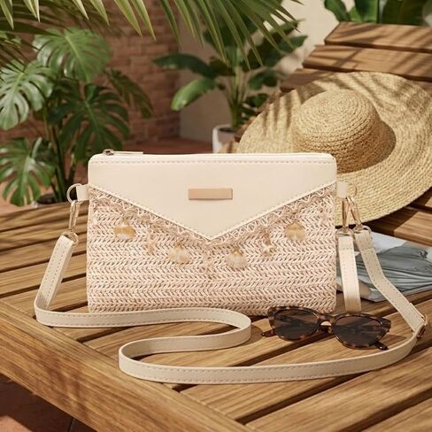 Women's summer beach crossbody bag, bohemian-style clutch with seashell charm and adjustable shoulder strap. in Kuwait