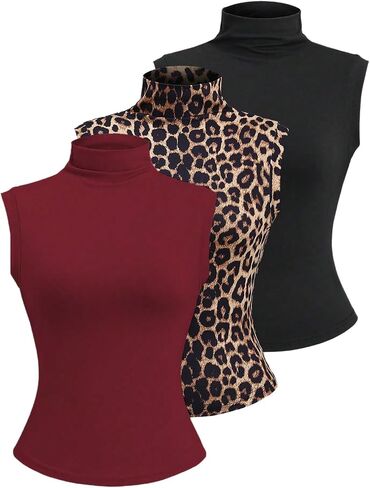 WDIRARA Women's 3 Pack Tank Tops Leopard Mock Neck Sleeveless Fitted Top in Kuwait