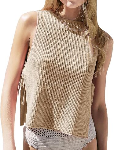 Women Casual Sleeveless Tie Side Sweater Vest Y2k Vacation Loose Fit Crew Neck Open Side Ribbed Knit Tank Top in Saudi Arabia