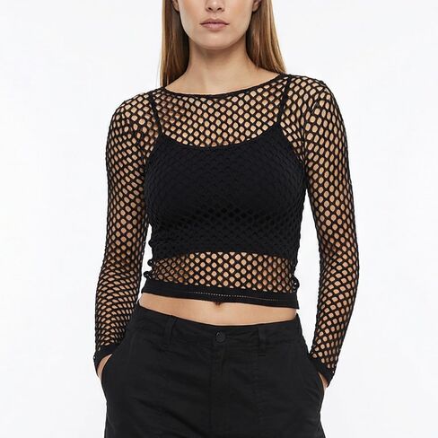 Sibba Mesh Tops Long Sleeve Fishnet Blouse Lingerie Bikini Cover Up Blouse | Honeycomb Mesh See Through Top Women in Kuwait