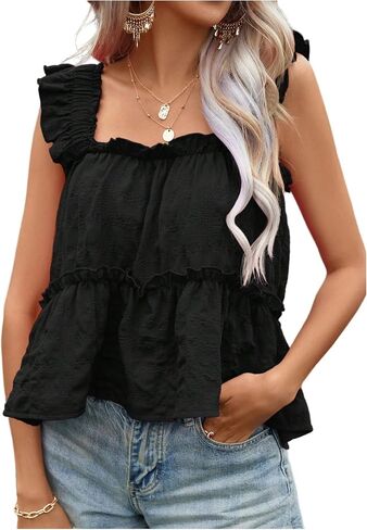 SOLY HUX Women's Summer Babydoll Tank Tops Square Neck Sleeveless Frill Ruffle Casual Vacation Top in Kuwait