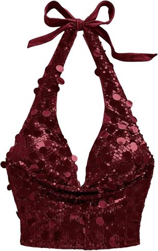 OYOANGLE Women's Sequin Sparkly Halter Tops Sleeveless Draped Tie Backless Party Rave Crop Top in Kuwait