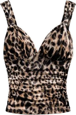 قطع علوية نسائية من BEAUDRM بطبعة الفهد Y2k Cheetah Ruched ورقبة عميقة على شكل حرف V بدون أكمام للخروج، قطع علوية قصيرة بدون أكمام in Kuwait