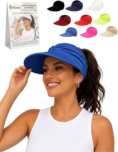 Women's UPF 50+ UV Protection Sun Visor Hat Wide Brim Packable Foldable Golf Beach Baseball Ponytail Cap for Summer in Kuwait