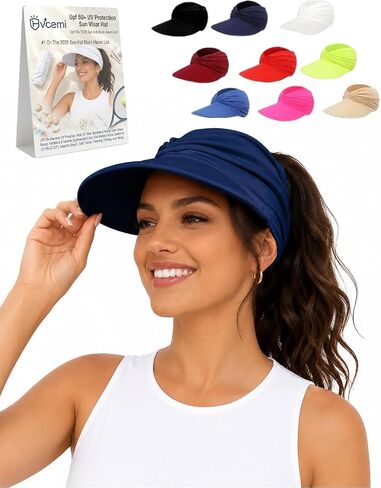 Women's UPF 50+ UV Protection Sun Visor Hat Wide Brim Packable Foldable Golf Beach Baseball Ponytail Cap for Summer in Kuwait