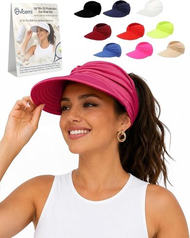 Women's UPF 50+ UV Protection Sun Visor Hat Wide Brim Packable Foldable Golf Beach Baseball Ponytail Cap for Summer in Kuwait