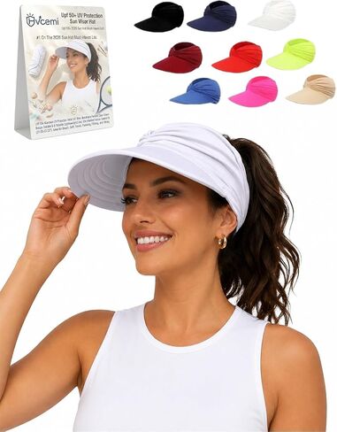 Women's UPF 50+ UV Protection Sun Visor Hat Wide Brim Packable Foldable Golf Beach Baseball Ponytail Cap for Summer in Kuwait