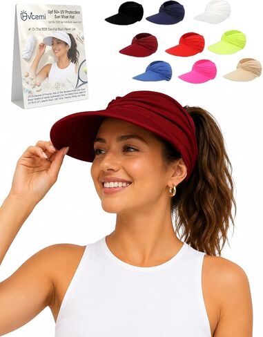 Women's UPF 50+ UV Protection Sun Visor Hat Wide Brim Packable Foldable Golf Beach Baseball Ponytail Cap for Summer in Kuwait