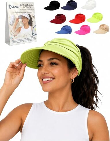 Women's UPF 50+ UV Protection Sun Visor Hat Wide Brim Packable Foldable Golf Beach Baseball Ponytail Cap for Summer in Kuwait