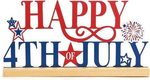 SYNCVIBE 4th of July Decorations, Happy Fourth of July Metal Sign with Wooden Base Tabletop Decor, Patriotic Memorial Day Decor for Home Office Red White Blue Decorations Table Centerpieces in Saudi Arabia
